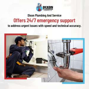 A plumber in a blue uniform working under a sink, and a close-up of a hand using a pipe wrench on a leaking chrome P-trap.