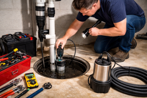 Plumber inspecting and repairing a basement sump pump system to prevent flooding