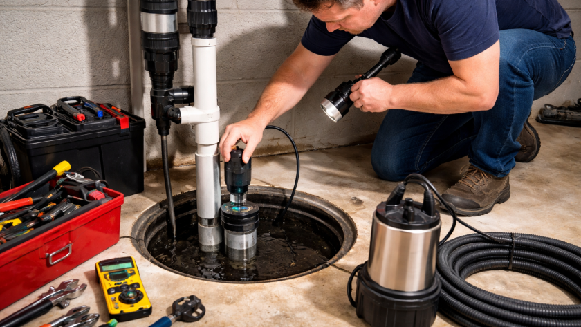 Plumber inspecting and repairing a basement sump pump system to prevent flooding