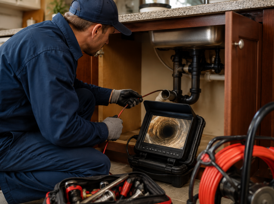 Professional plumber using a drain inspection camera to diagnose a clogged kitchen drain beneath a residential sink.