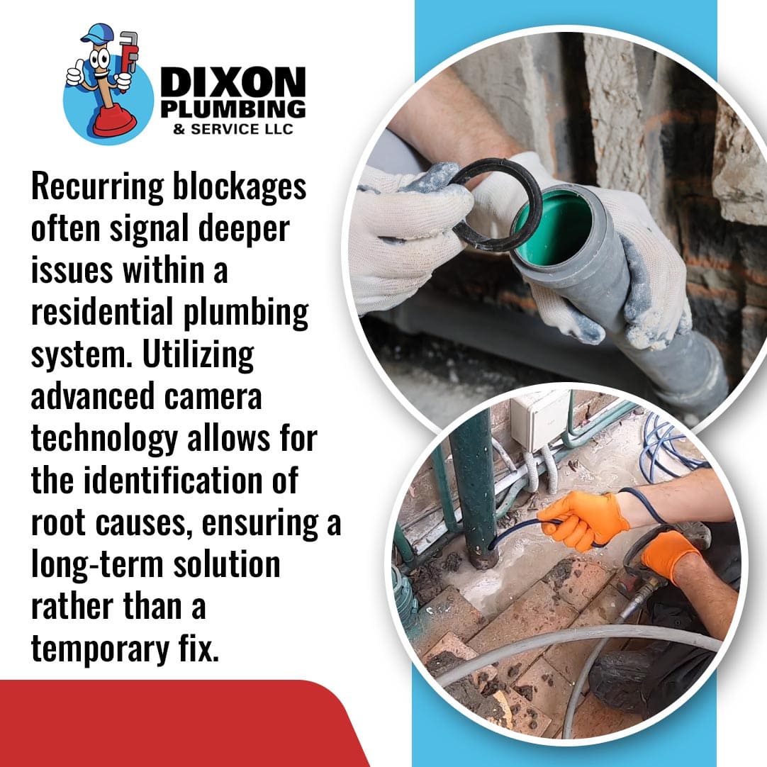 Dixon Plumbing and Service technician using advanced sewer camera technology to inspect residential pipes and identify the root cause of recurring blockages.