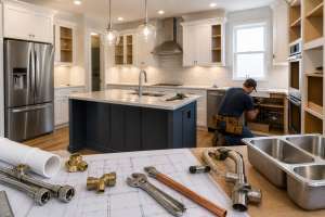 Kitchen remodel in progress with plumber installing under-sink piping, modern cabinets, island, and plumbing tools on blueprint plans