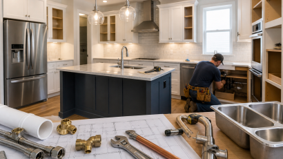 Kitchen remodel in progress with plumber installing under-sink piping, modern cabinets, island, and plumbing tools on blueprint plans